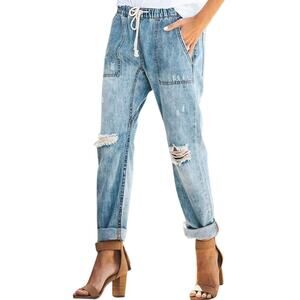 One Teaspoon Shabbies Jeans Womens XS Drawstring Boyfriend Distressed Light Wash